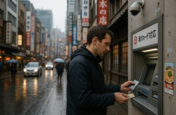 Persoon pint bij een geldautomaat in Japan