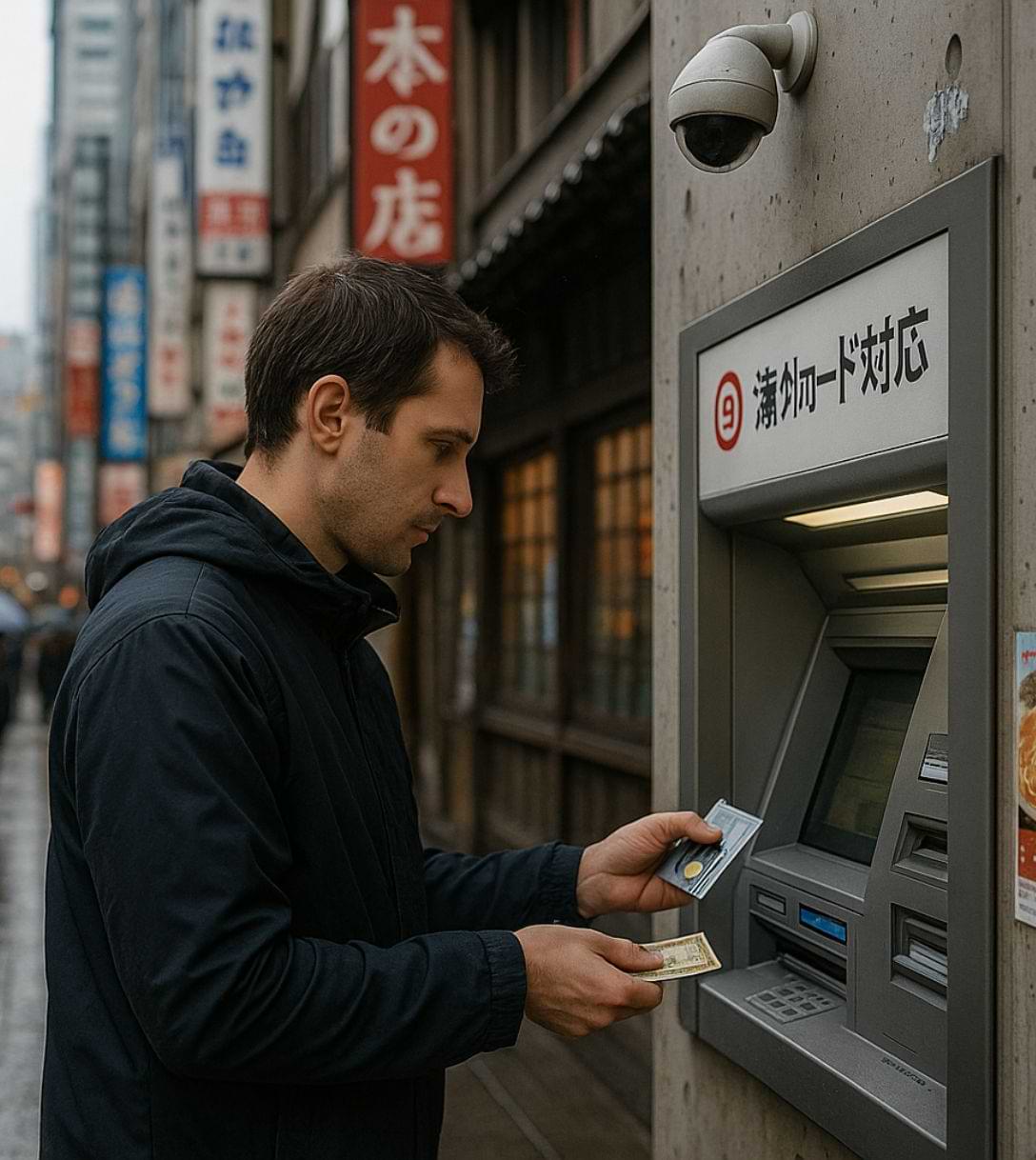Persoon pint bij een geldautomaat in Japan