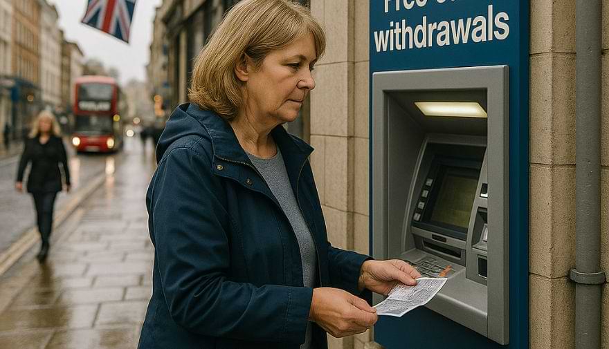 Vrouw pint bij een geldautomaat in Engeland