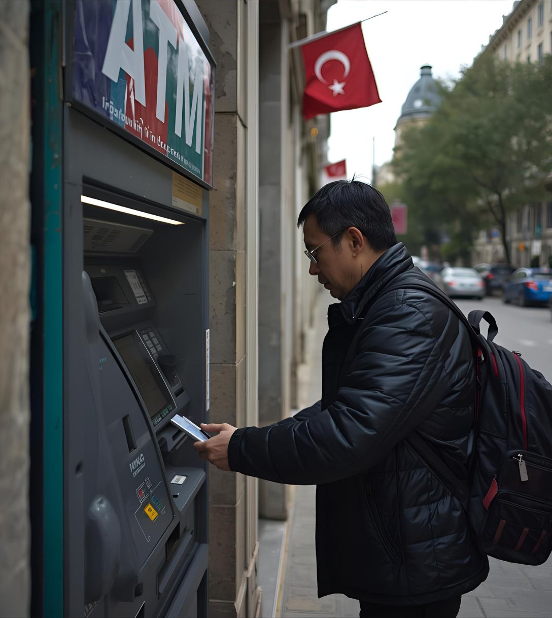 Pinnen in Turkije bij een geldautomaat