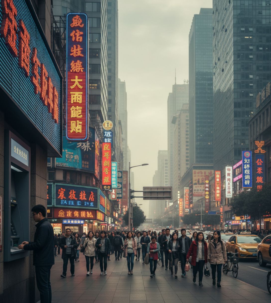 Persoon pint bij een geldautomaat in China