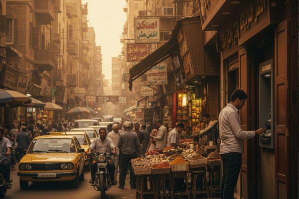 Persoon pint bij een geldautomaat in Egypte