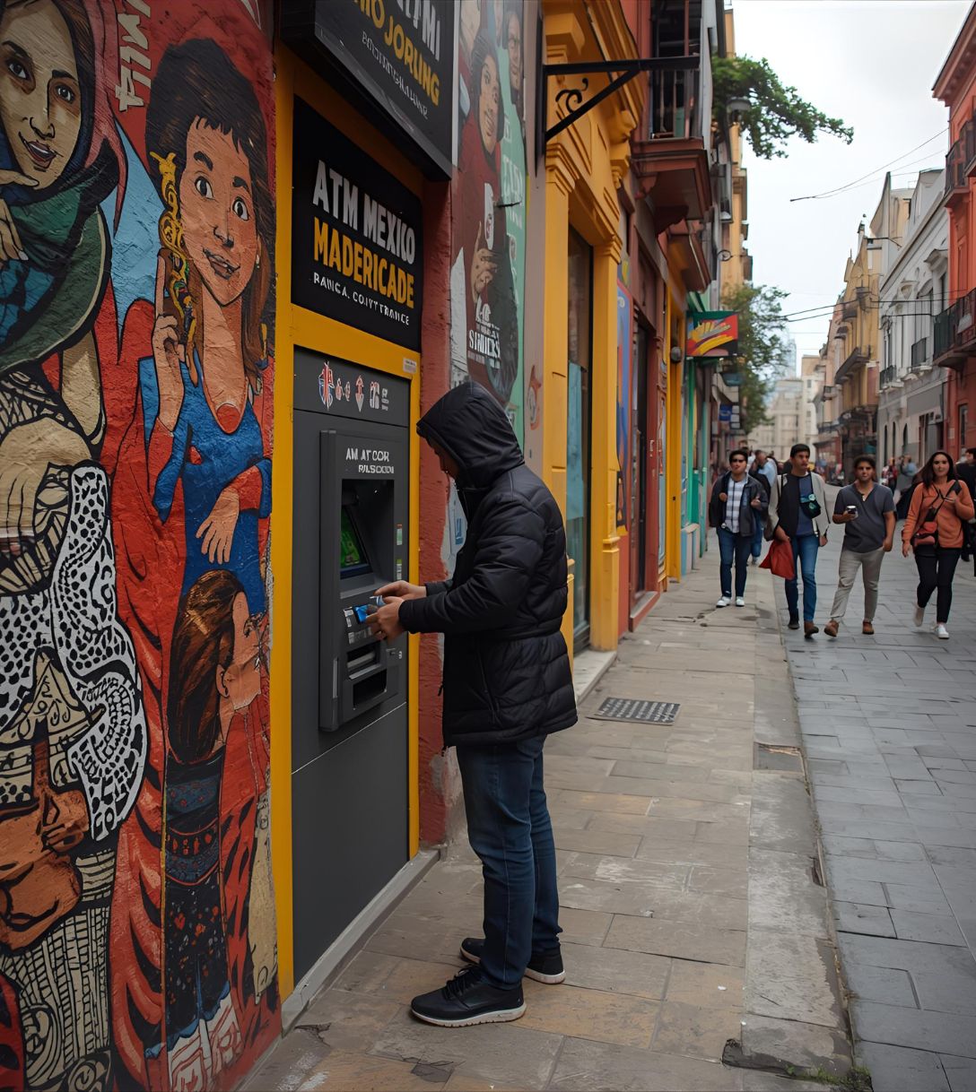 Pinnen bij een geldautomaat in Mexico