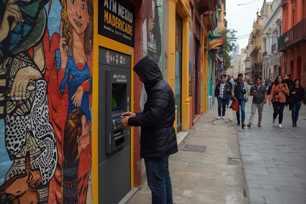 Pinnen bij een geldautomaat in Mexico
