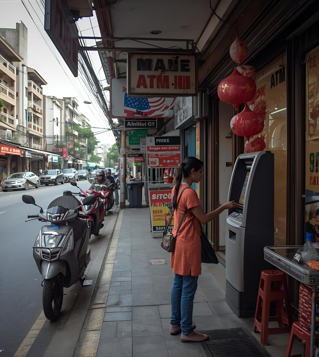 Pinnen bij een geldautomaat in Vietnam