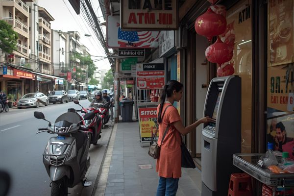 Pinnen bij een geldautomaat in Vietnam