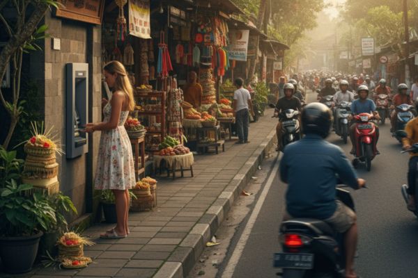 Pinnen bij een geldautomaat in Indonesië