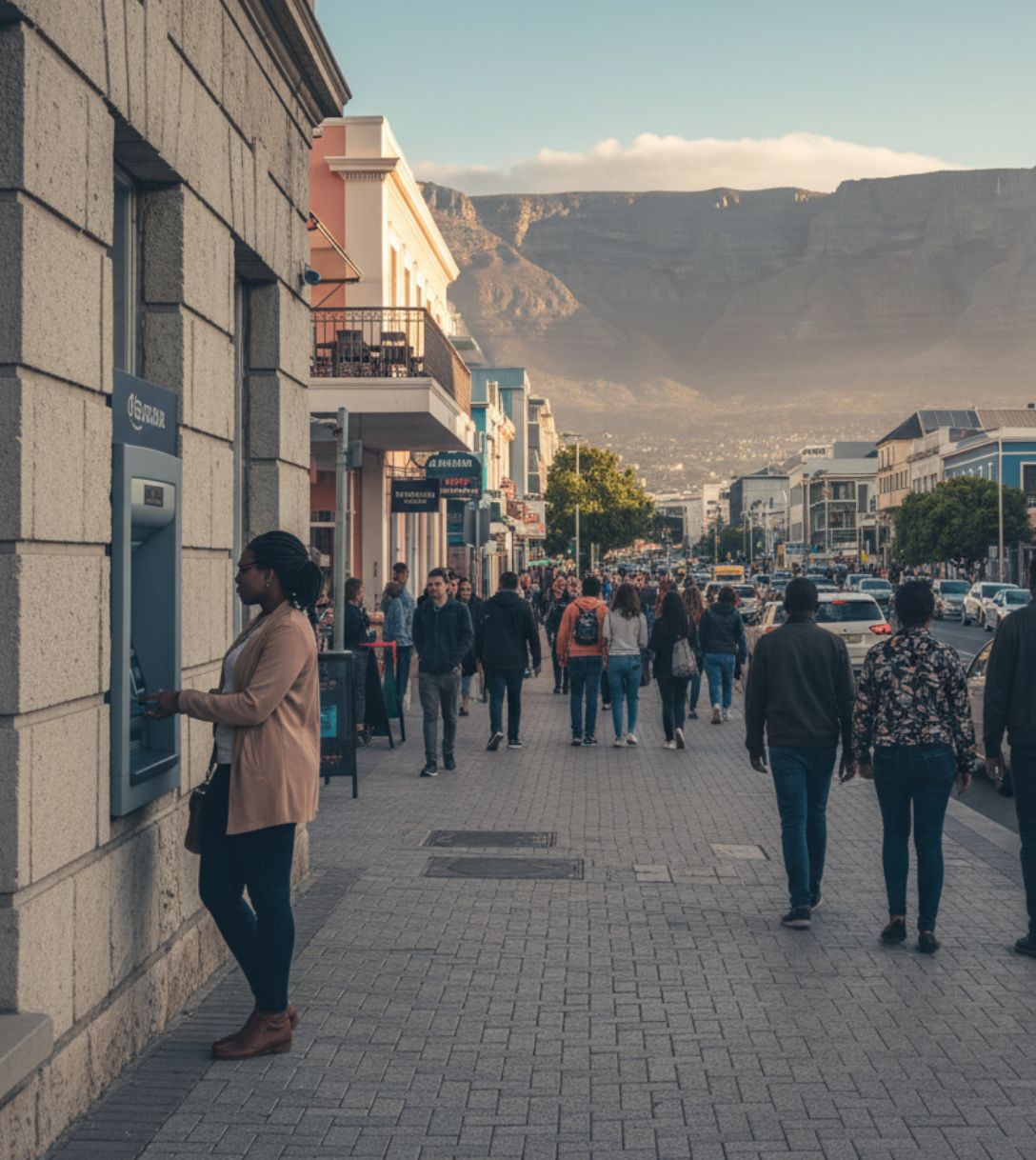 Pinnen bij een geldautomaat in Zuid-Afrika