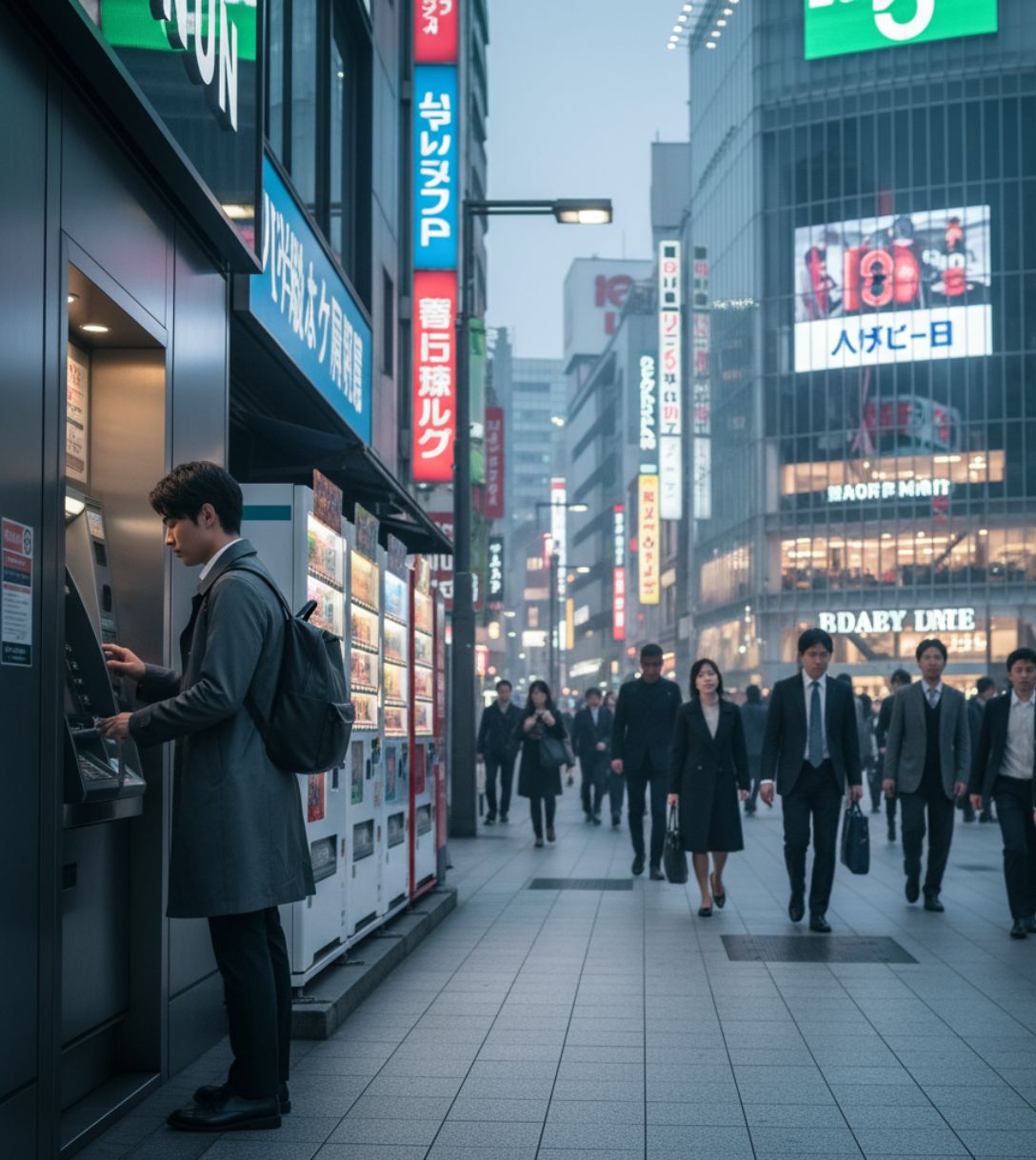 Persoon pint bij een geldautomaat in Japan