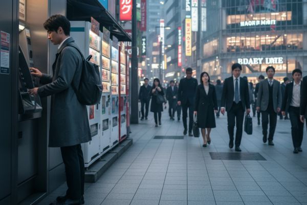 Persoon pint bij een geldautomaat in Japan