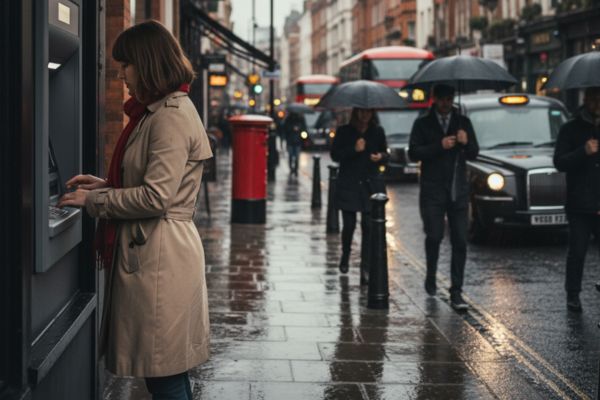 Vrouw pint bij een geldautomaat in Engeland