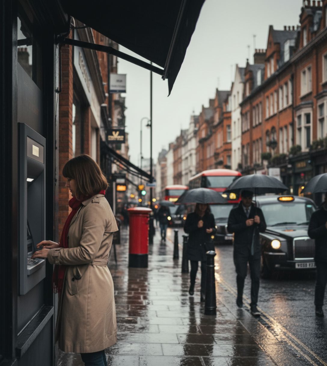 Vrouw pint bij een geldautomaat in Engeland