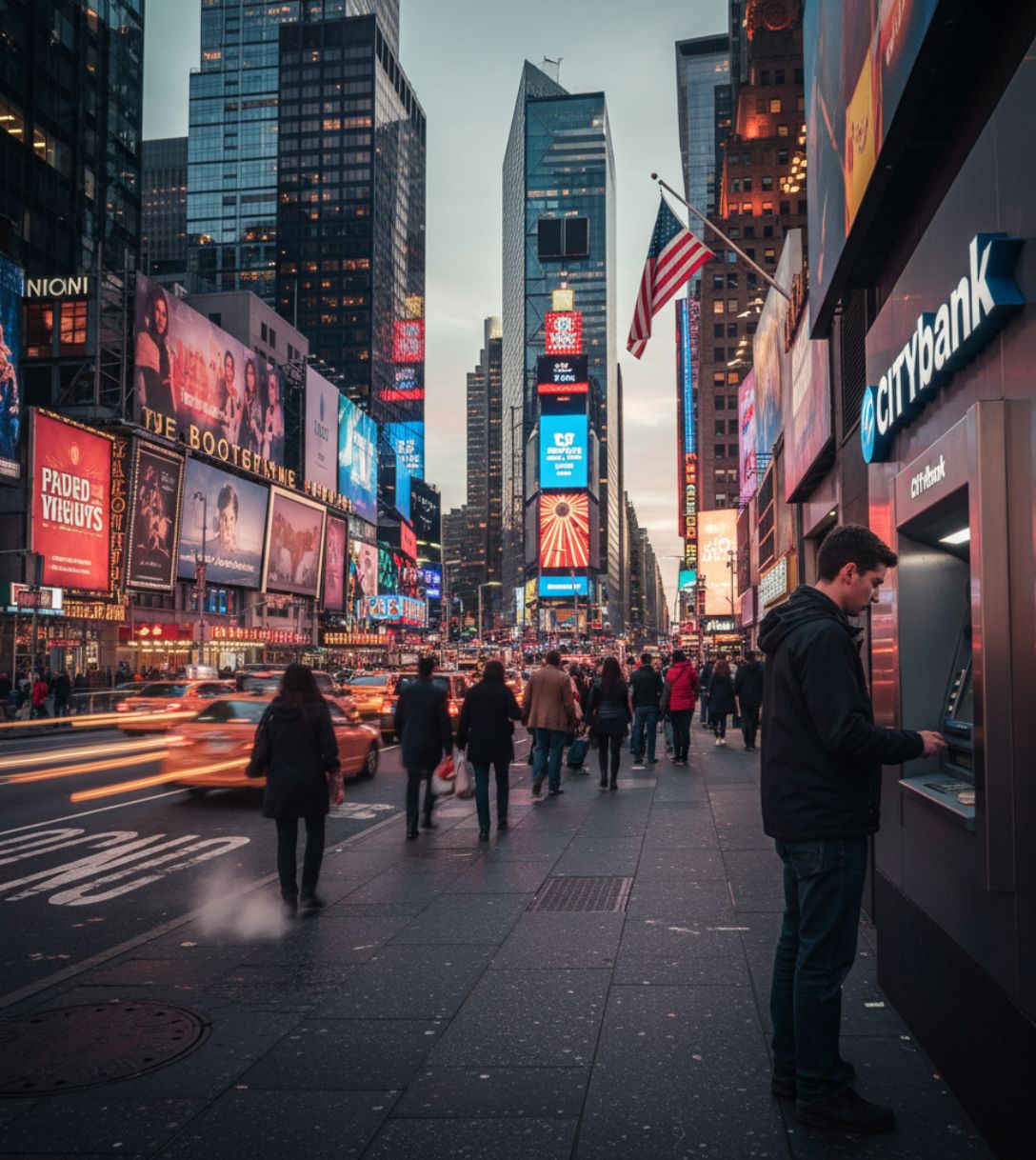 Pinnen bij een geldautomaat in Amerika