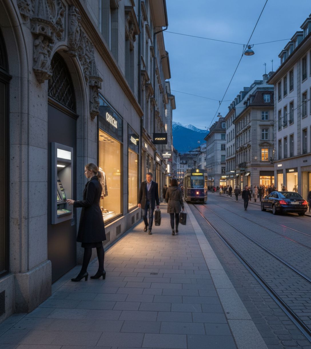 Persoon pint bij een geldautomaat in Zwitserland
