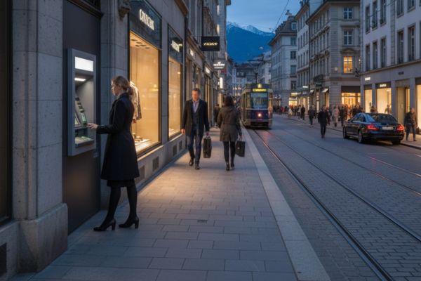 Persoon pint bij een geldautomaat in Zwitserland