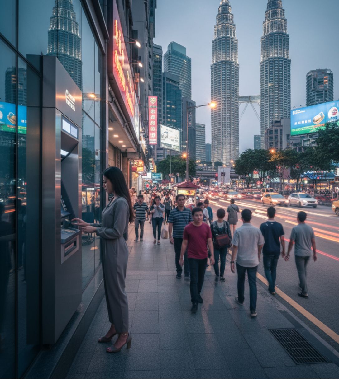 Persoon pint bij een geldautomaat in Maleisië
