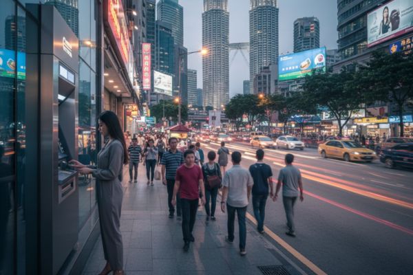 Persoon pint bij een geldautomaat in Maleisië