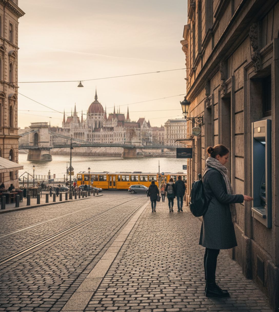 Persoon pint bij een geldautomaat in Hongarije