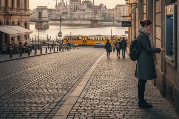 Persoon pint bij een geldautomaat in Hongarije