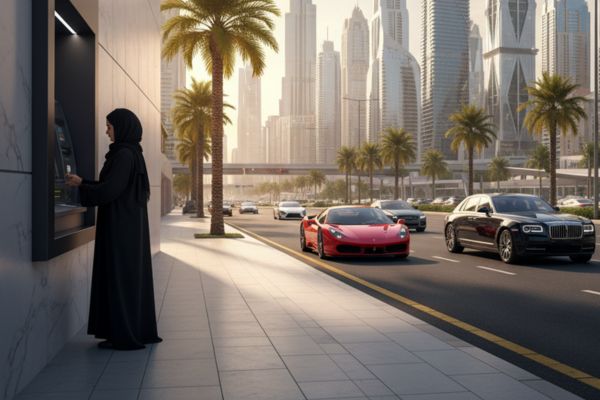 Pinnen bij een geldautomaat in Dubai