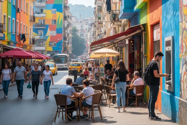 Pinnen bij een geldautomaat in Albanië