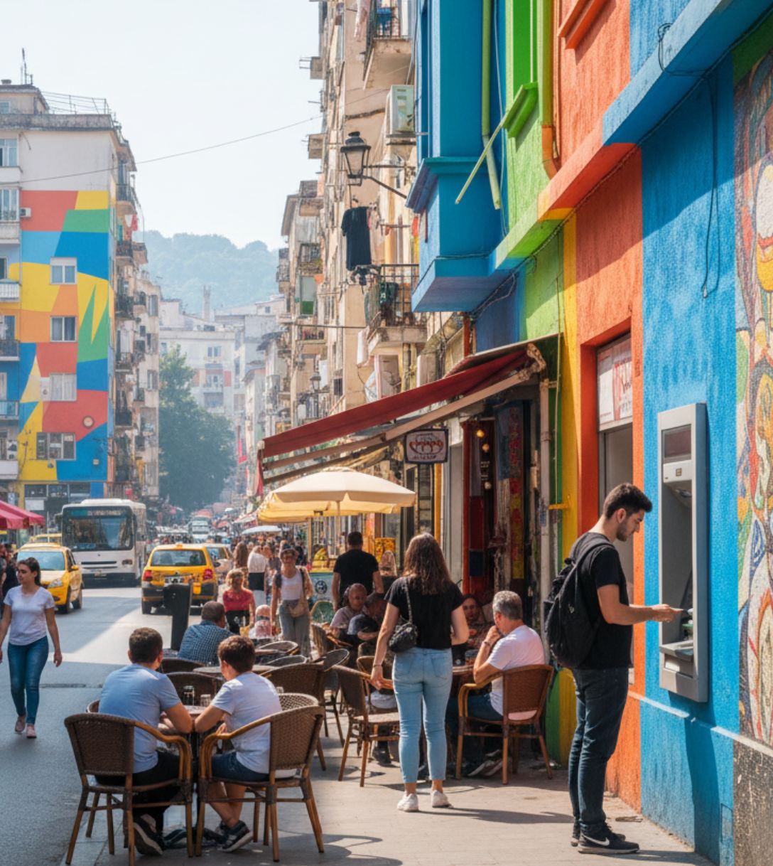 Pinnen bij een geldautomaat in Albanië