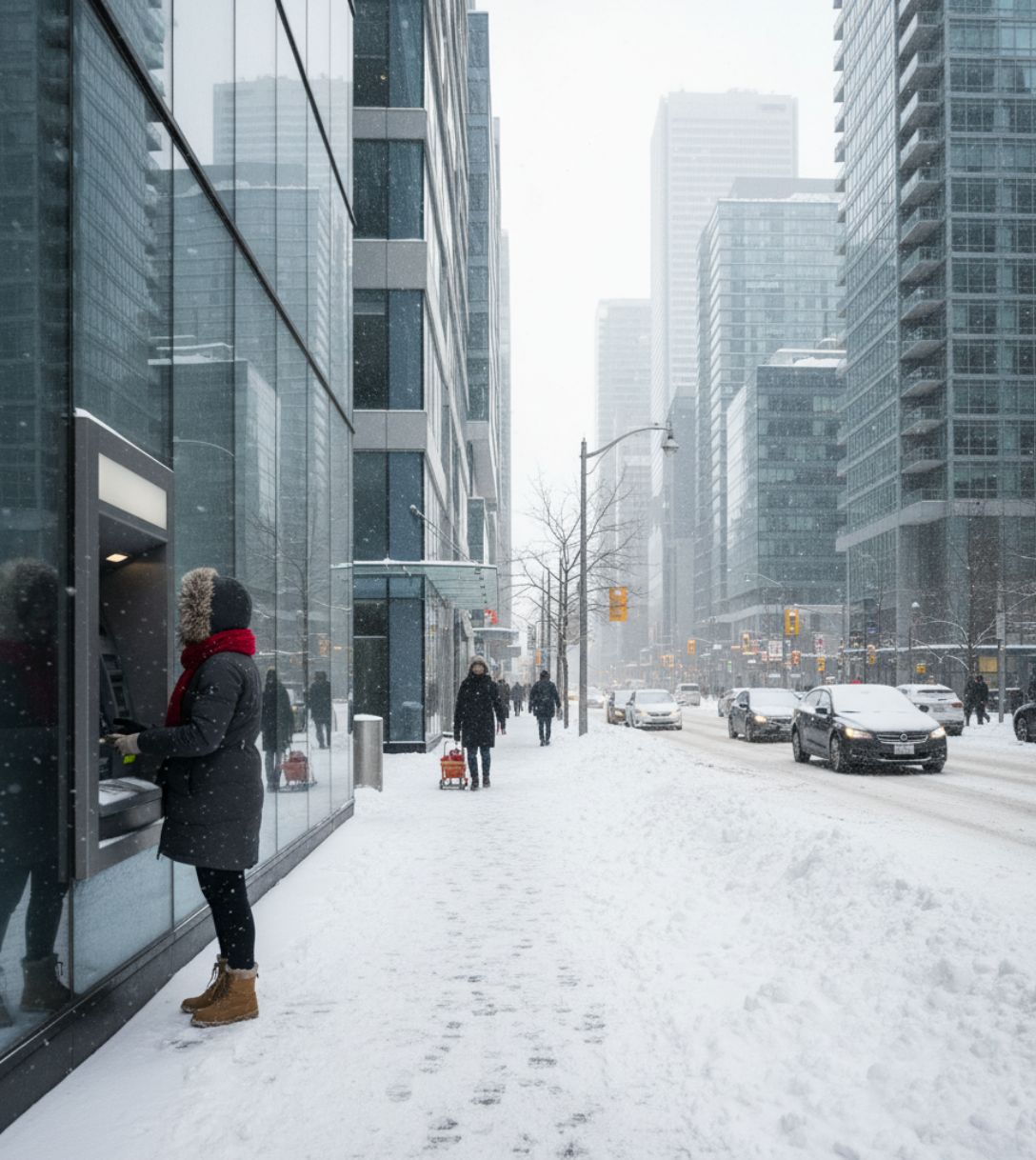 Persoon pint bij een geldautomaat in Canada