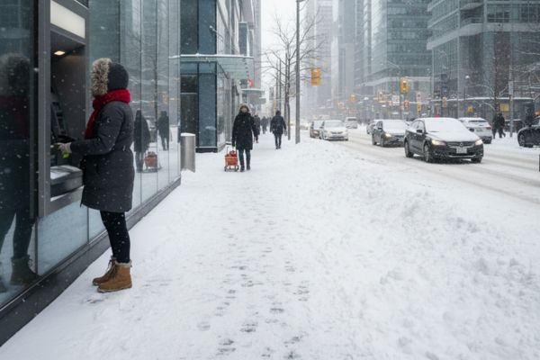 Persoon pint bij een geldautomaat in Canada