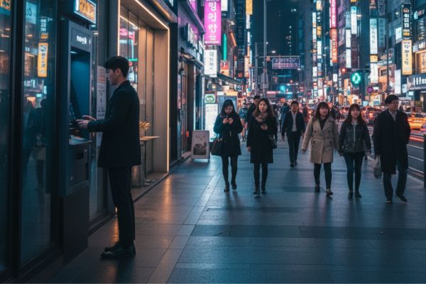 Pinnen bij een geldautomaat in Zuid-Korea
