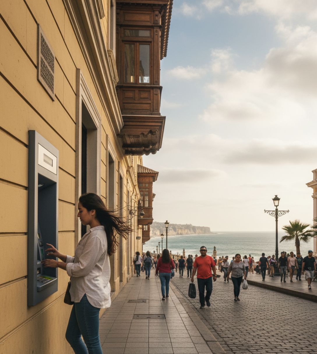 Reiziger pint bij een geldautomaat in Peru