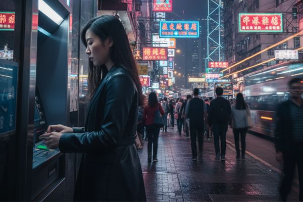 Pinnen bij een geldautomaat in Hongkong