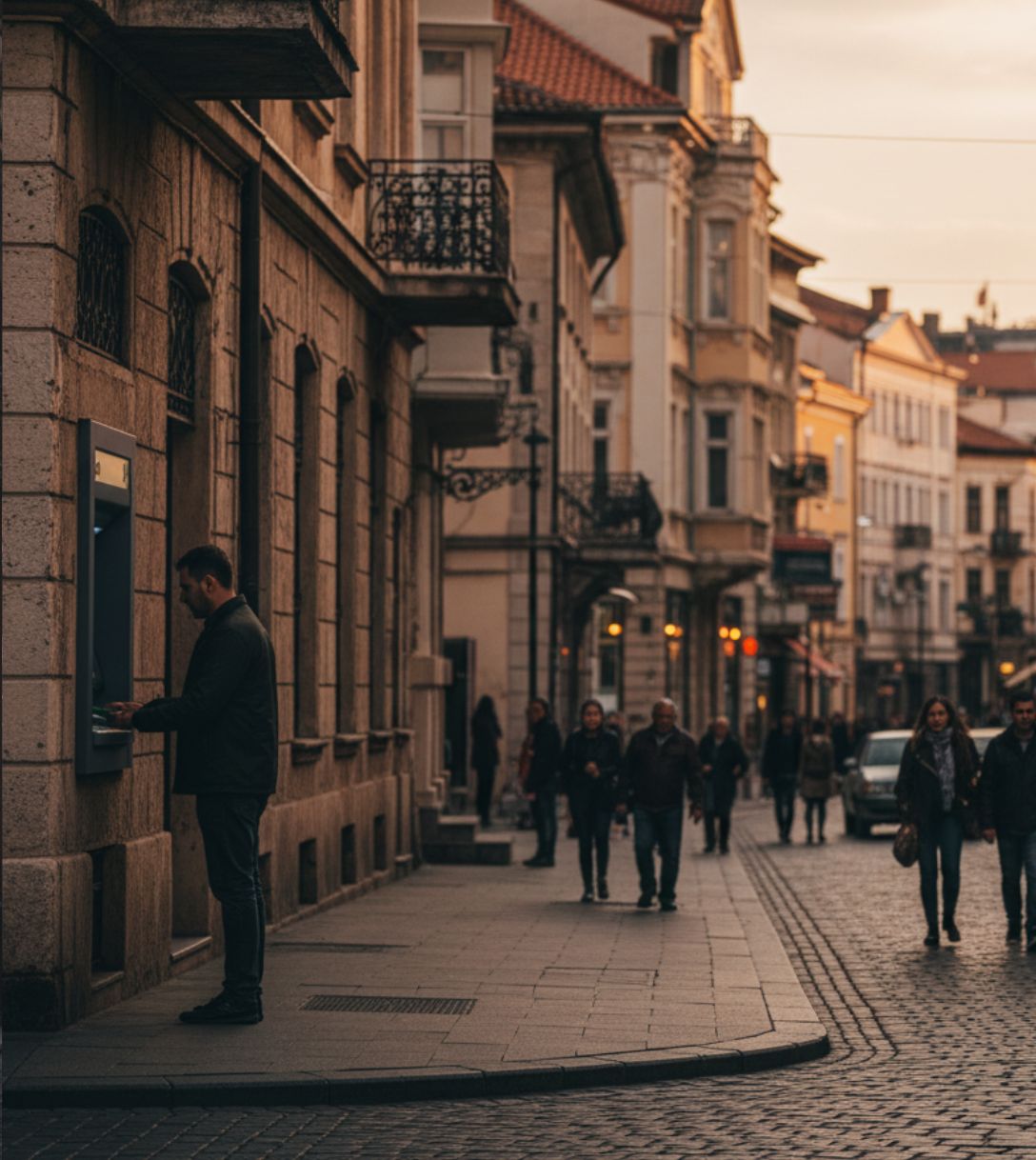 Persoon pint bij een geldautomaat in Macedonië