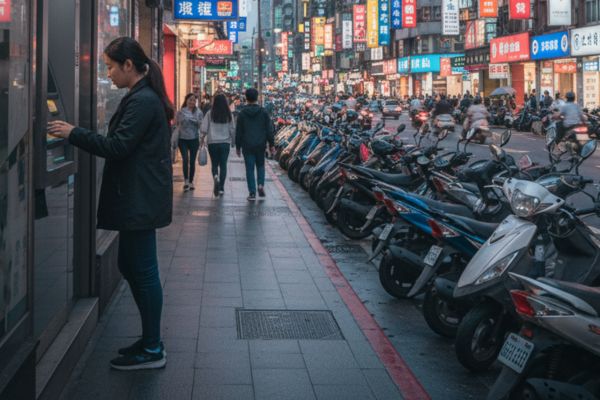 Persoon pint bij een geldautomaat in Taiwan