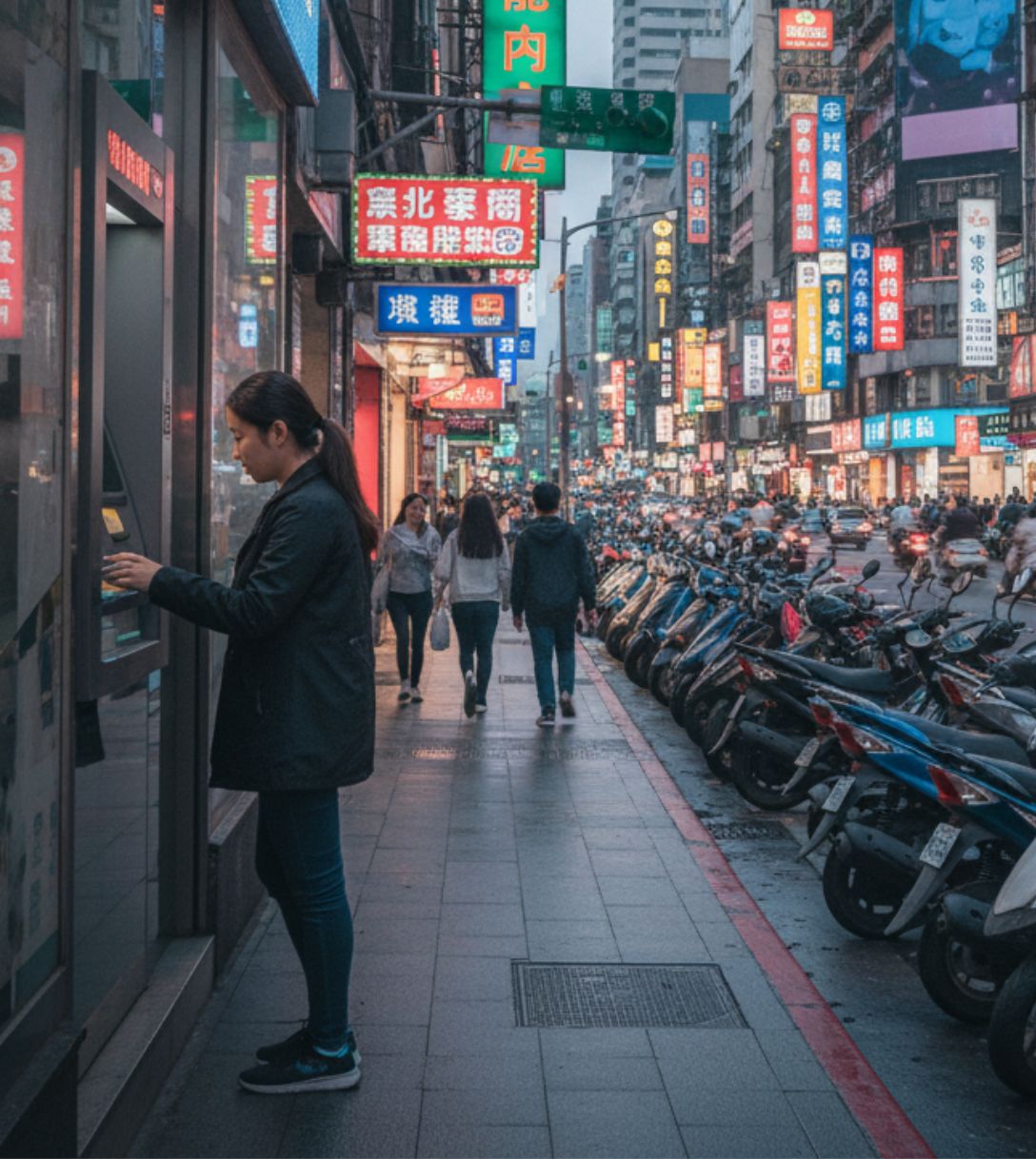 Persoon pint bij een geldautomaat in Taiwan