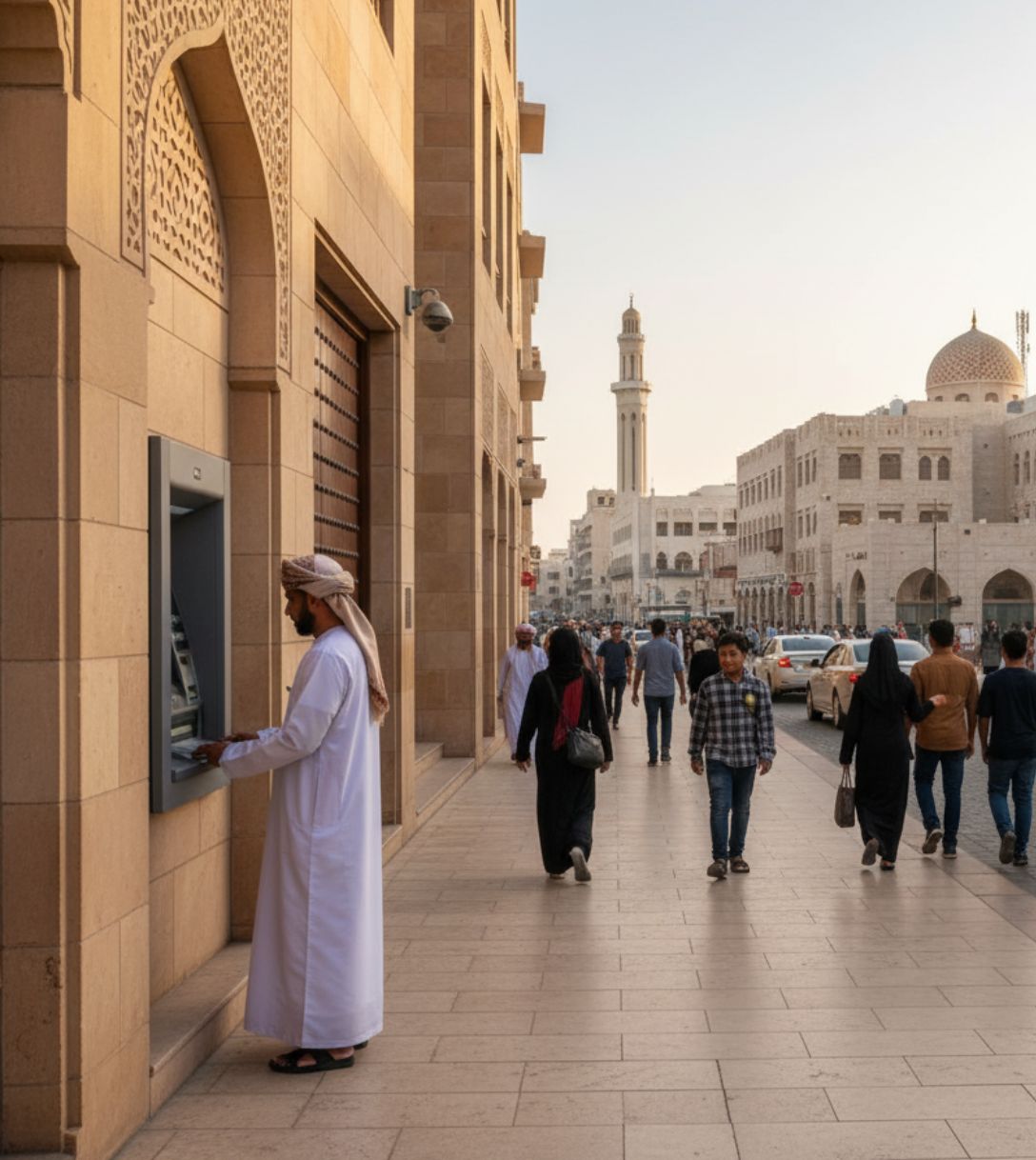 Persoon pint bij een geldautomaat in Oman