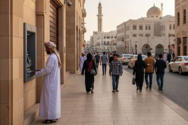 Persoon pint bij een geldautomaat in Oman