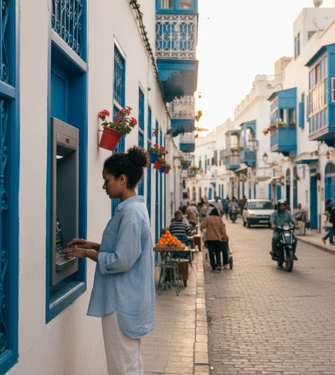 Pinnen bij een geldautomaat in Tunesië