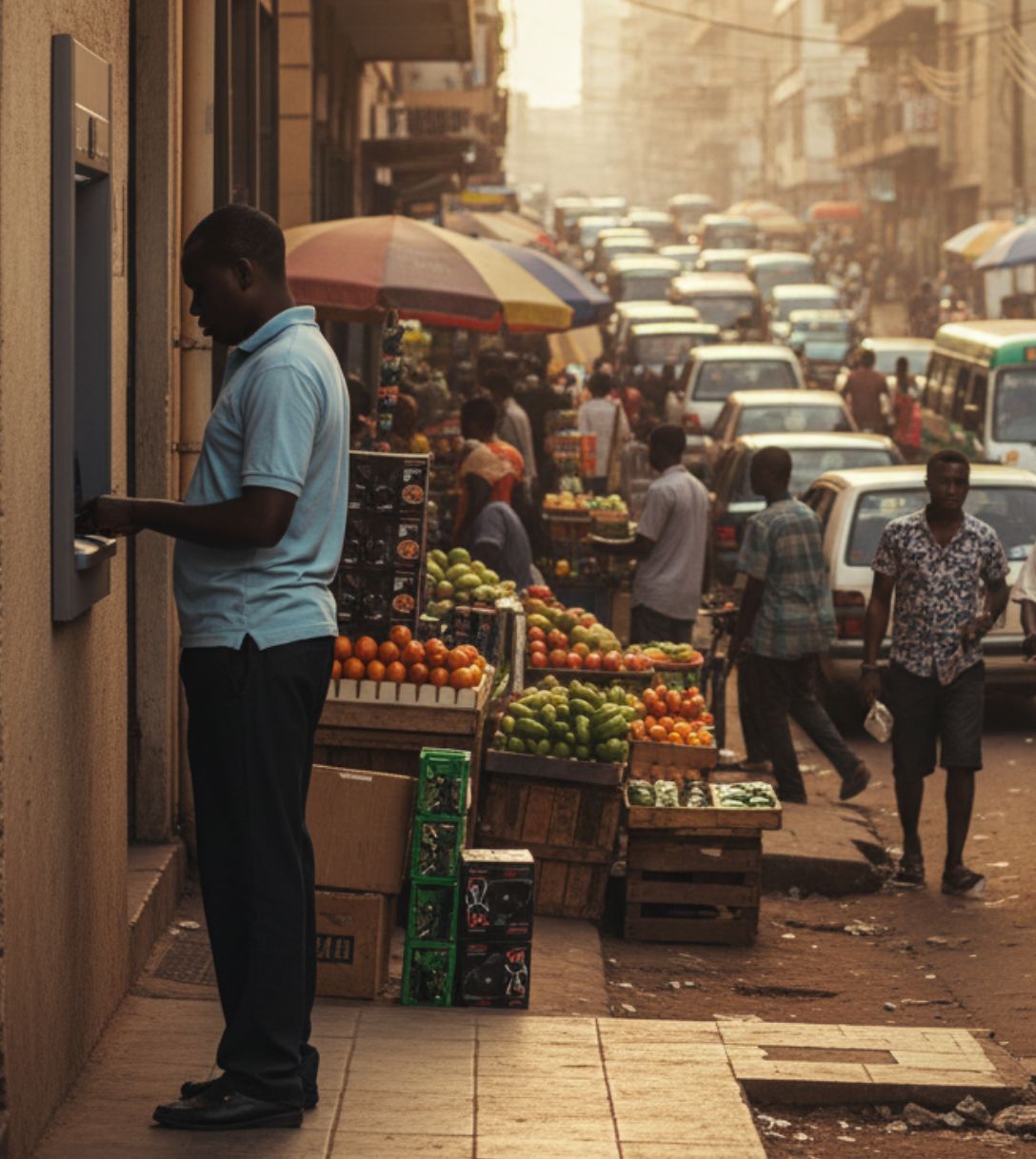 Persoon pint bij een geldautomaat in Kenia