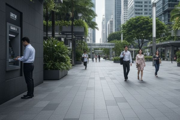 Pinnen bij een geldautomaat in Singapore