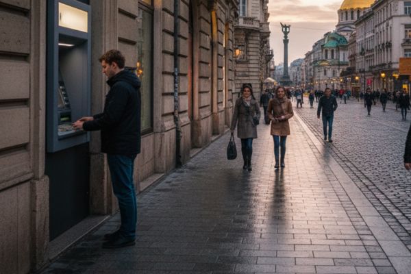Pinnen bij een geldautomaat in Bulgarije