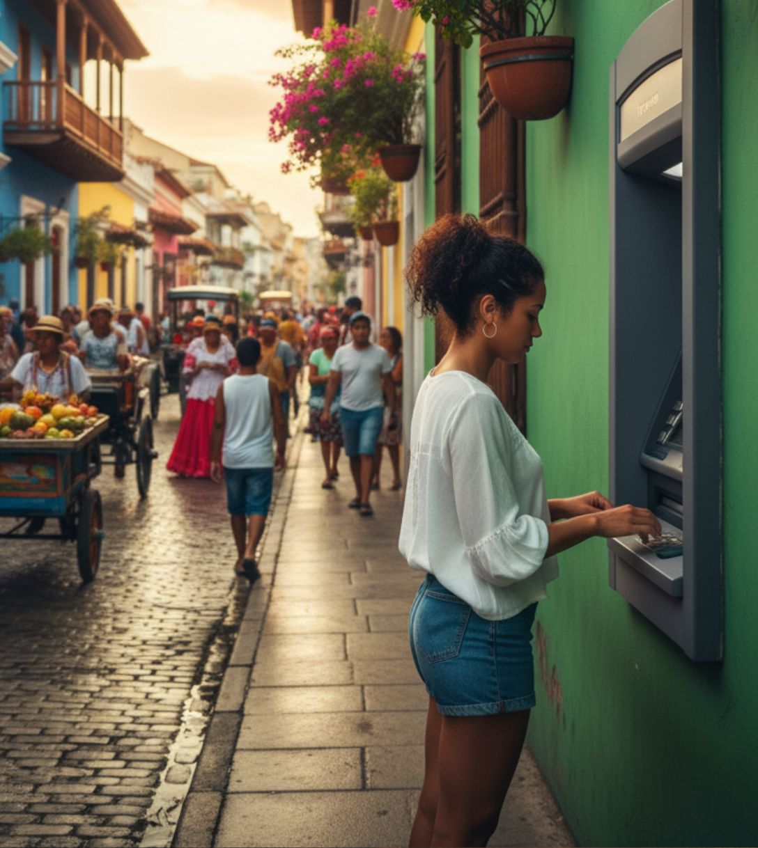 Pinnen bij een geldautomaat in Colombia