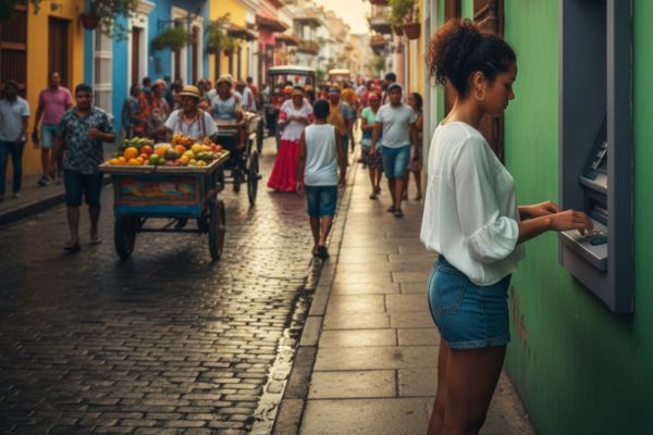 Pinnen bij een geldautomaat in Colombia