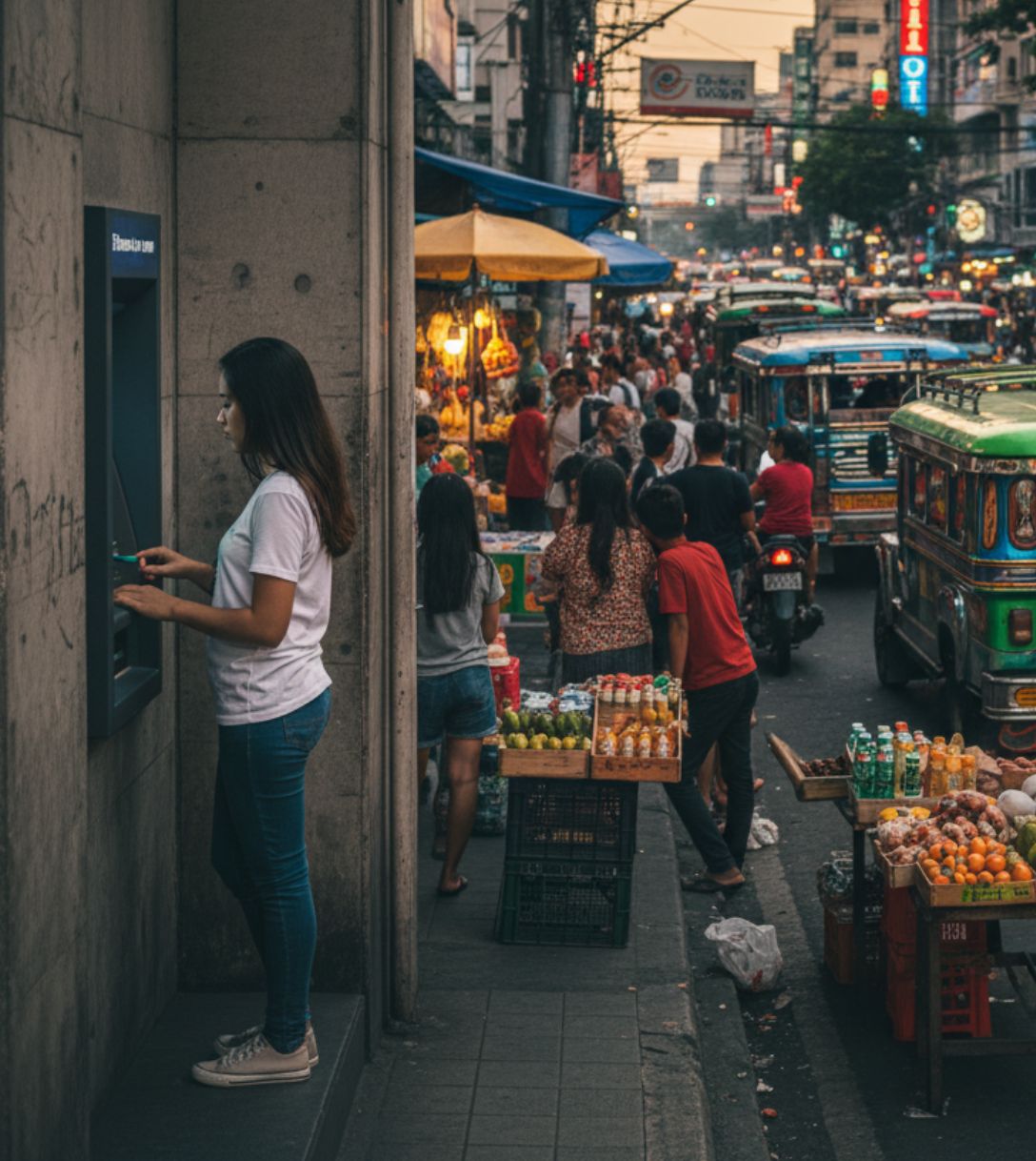 Pinnen bij een geldautomaat in de Filipijnen