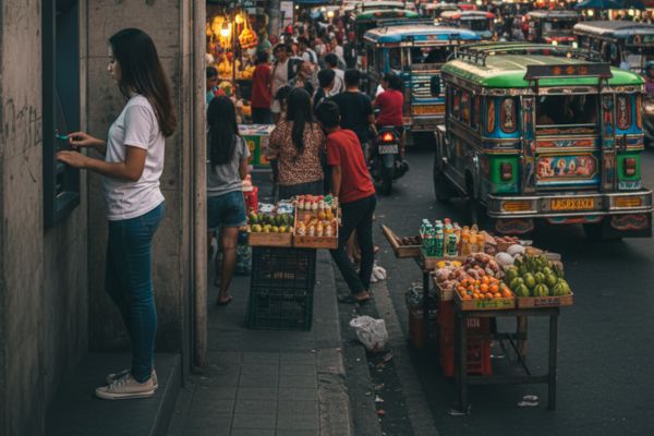 Pinnen bij een geldautomaat in de Filipijnen