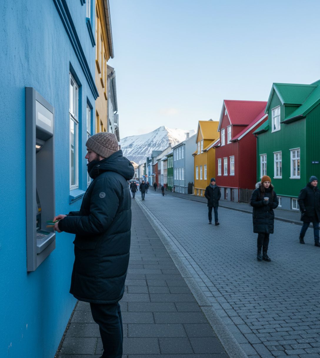 Pinnen bij een automaat in IJsland