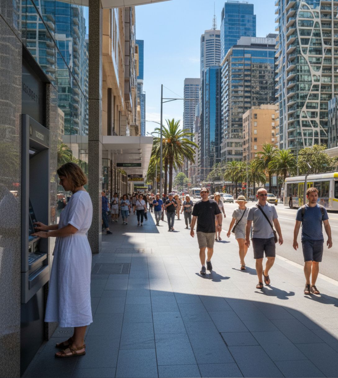 Persoon pint bij een geldautomaat in Australië