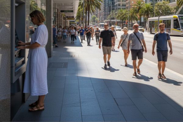 Persoon pint bij een geldautomaat in Australië