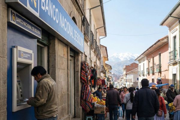 Straatbeeld met pinautomaat in Bolivia