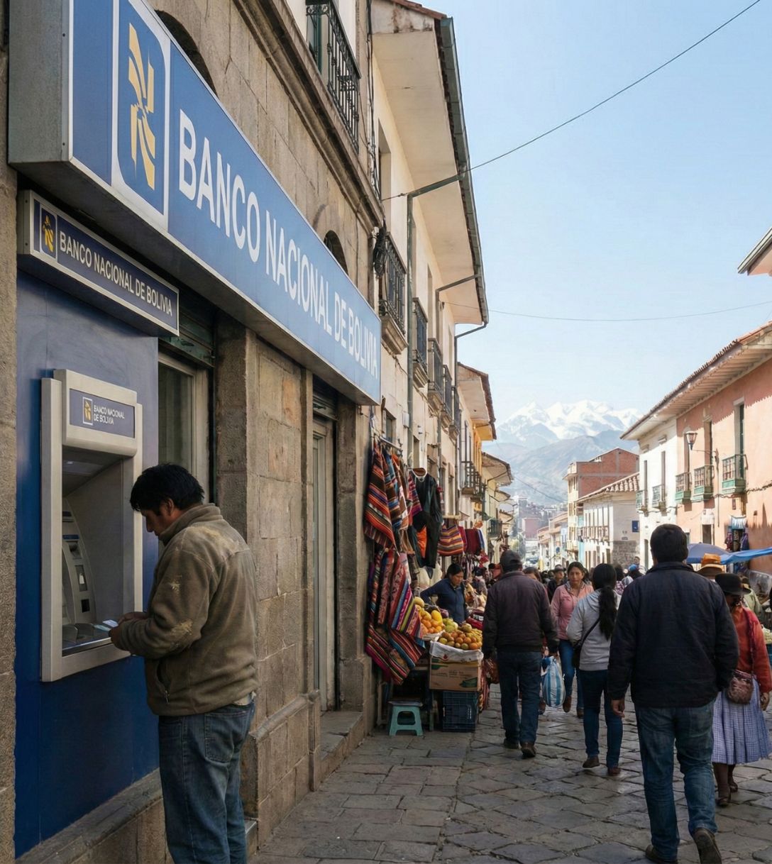 Pinnen bij een geldautomaat in Bolivia