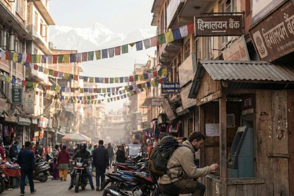 Straatbeeld met geldautomaat in Nepal